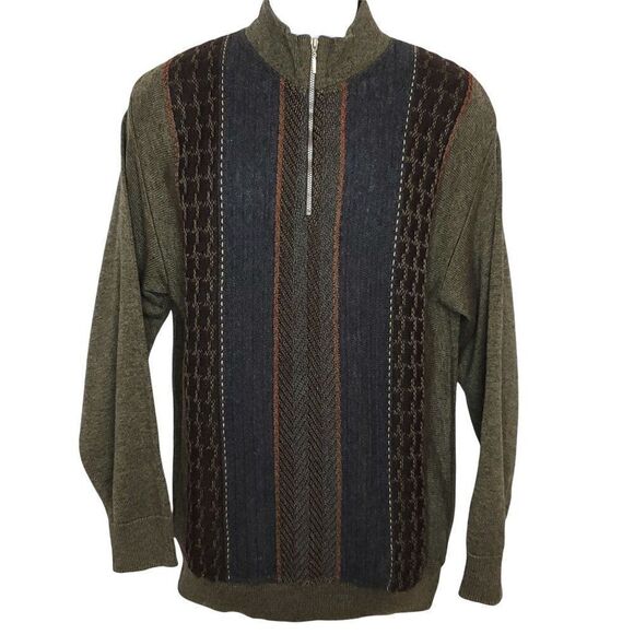 Vintage 90s Mock Neck Sweater Quarter Zip Sz M Textured Striped Gray Black Blue - Picture 1 of 4